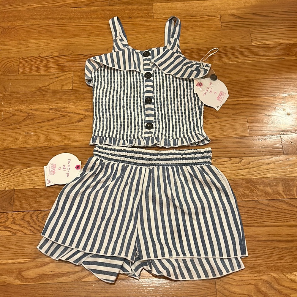 Blue and white striped two piece outfit, girls size 12